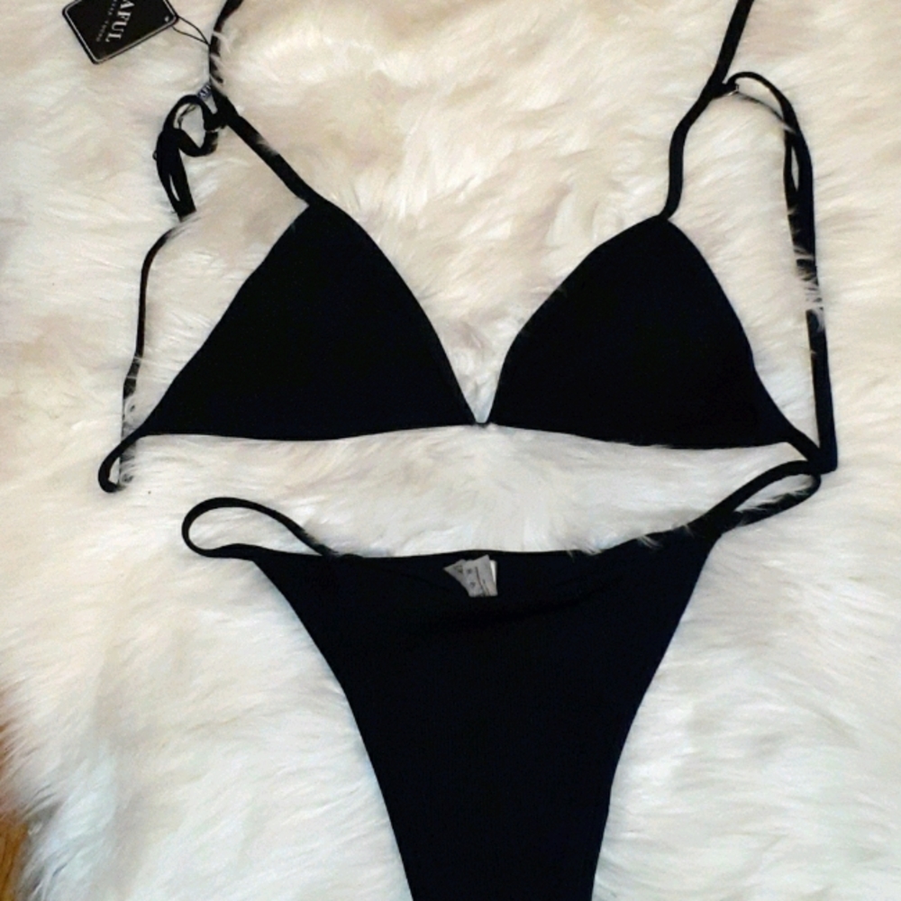 NWT Zaful Black Ribbed String  Bikini Set Size L